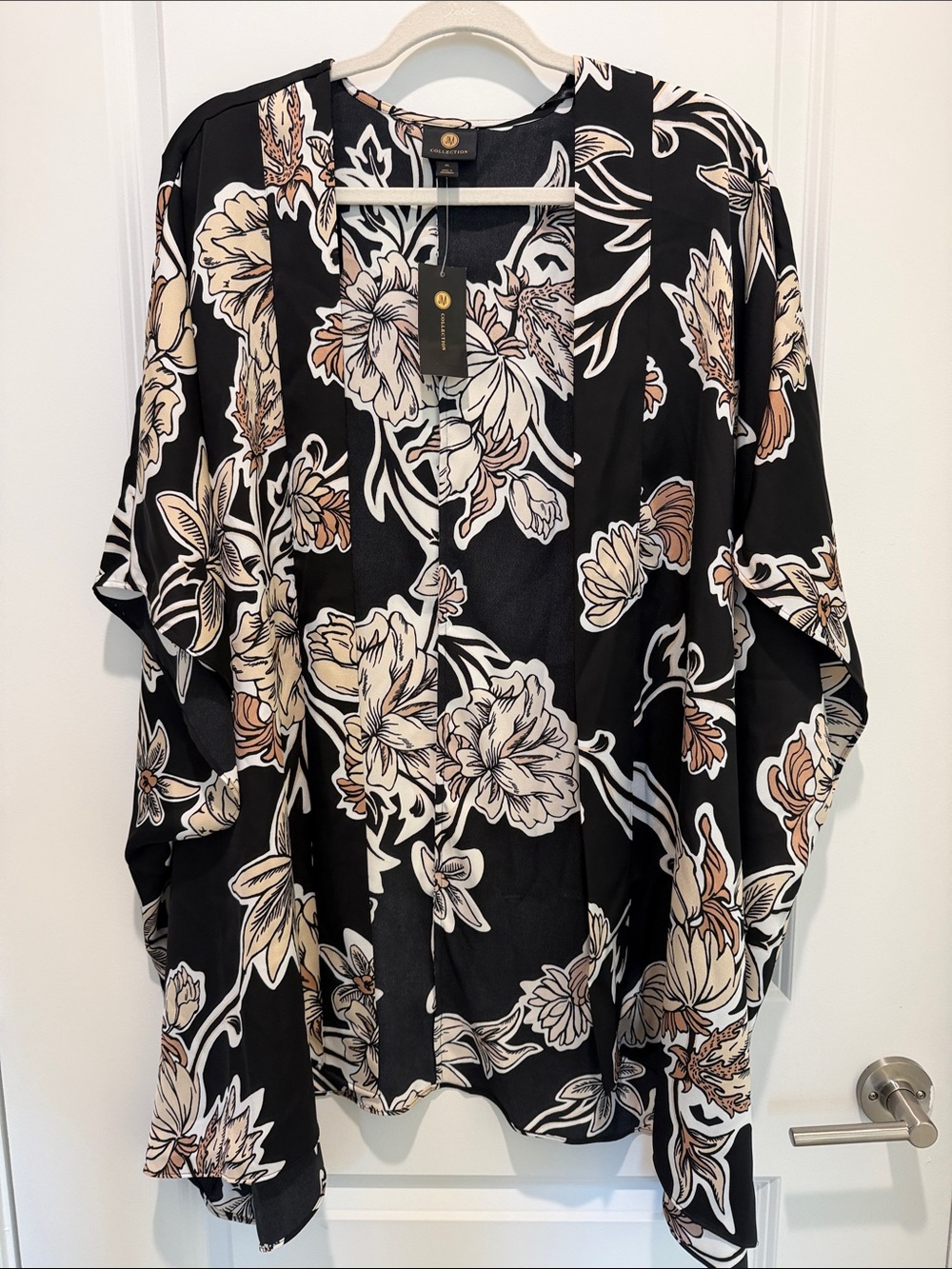 JM Collection Black Floral Cape with Cream & Tan Accents